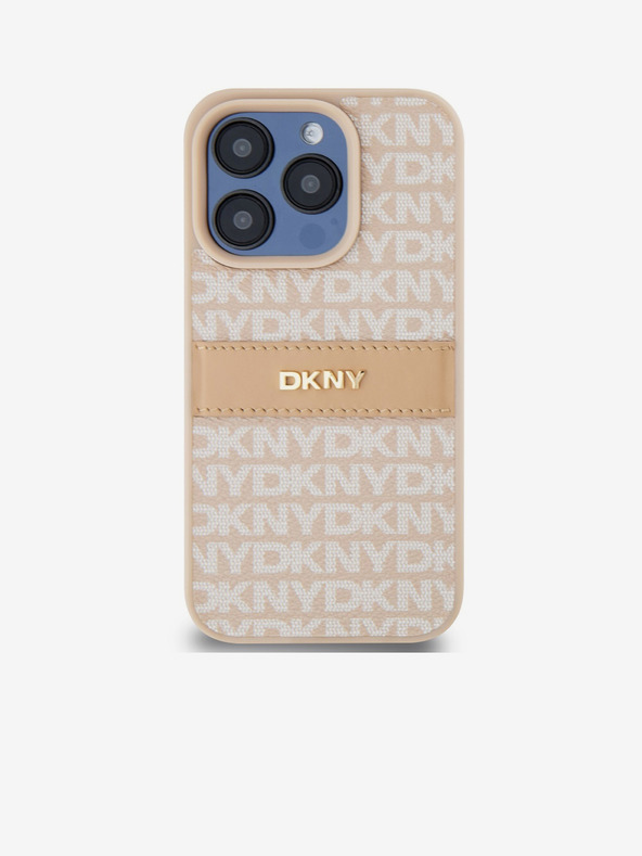 DKNY PU bőr ismétlődő mintás, tónusos csíkos hátlap iPhone 15 Pro Max rózsaszín DKNY