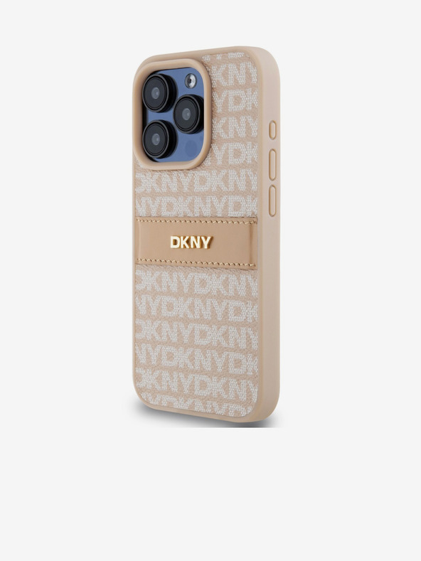 DKNY PU bőr ismétlődő mintás, tónusos csíkos hátlap iPhone 15 Pro Max rózsaszín DKNY