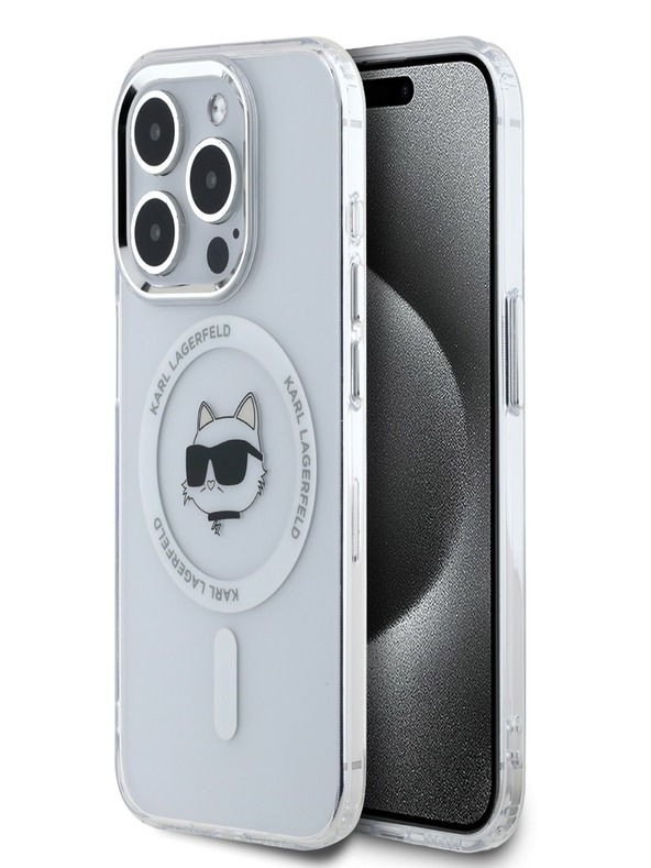 Karl Lagerfeld Karl Lagerfeld IML Choupette Head fémkeretes MagSafe hátlapi borító az iPhone 15 Pro Max készülékhez Átlátszó