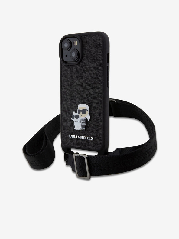 Karl Lagerfeld Karl Lagerfeld Saffiano Crossbody Strap fém Karl and Choupette hátlapi borító iPhone 15-hez Fekete