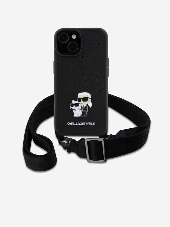 Karl Lagerfeld Karl Lagerfeld Saffiano Crossbody Strap fém Karl and Choupette hátlapi borító iPhone 15-hez Fekete