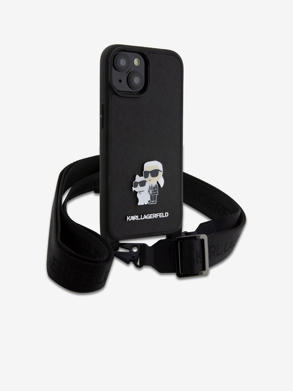 Karl Lagerfeld Karl Lagerfeld Saffiano Crossbody Strap fém Karl and Choupette hátlapi borító iPhone 15-hez Fekete