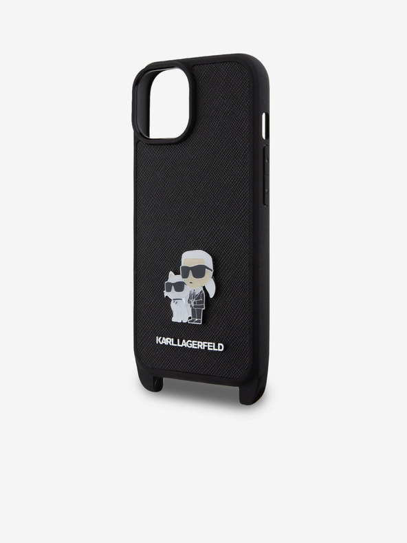 Karl Lagerfeld Karl Lagerfeld Saffiano Crossbody Strap fém Karl and Choupette hátlapi borító iPhone 15-hez Fekete