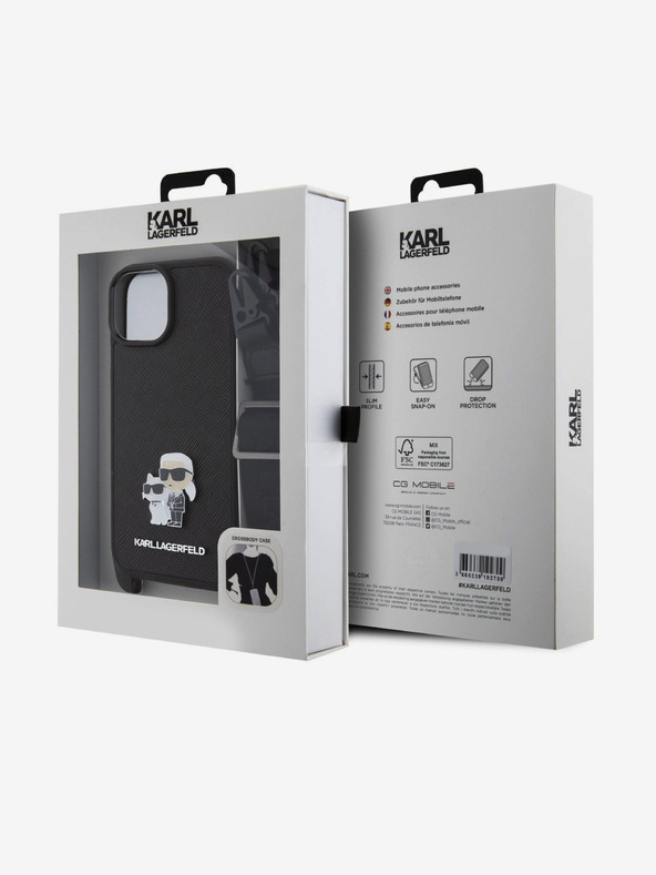 Karl Lagerfeld Karl Lagerfeld Saffiano Crossbody Strap fém Karl and Choupette hátlapi borító iPhone 15-hez Fekete