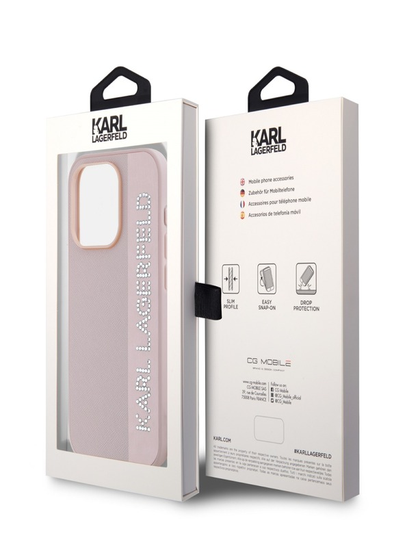 Karl Lagerfeld Karl Lagerfeld PU szaffianó strasszos bájos hátsó borító iPhone 15 Pro rózsaszínű iPhone 15 Pro készülékhez