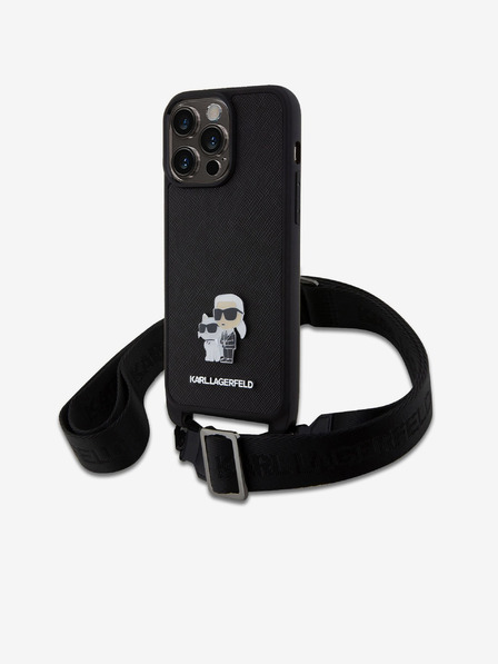Karl Lagerfeld Saffiano keresztszíj fém Karl és Choupette hátsó borító iPhone 15 Pro Max fekete Karl Lagerfeld fekete Karl Lagerfeld Pro 15 Pro Maxhoz