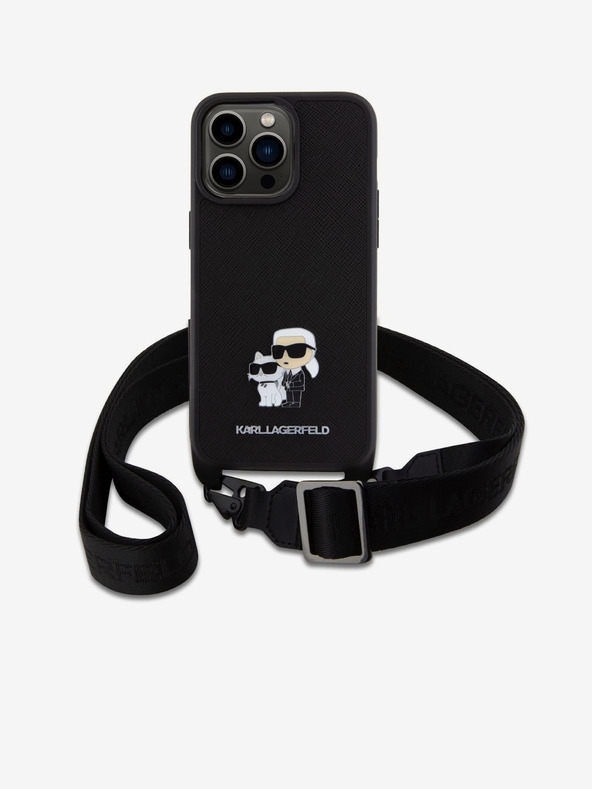 Karl Lagerfeld Saffiano keresztszíj fém Karl és Choupette hátsó borító iPhone 15 Pro Max fekete Karl Lagerfeld fekete Karl Lagerfeld Pro 15 Pro Maxhoz