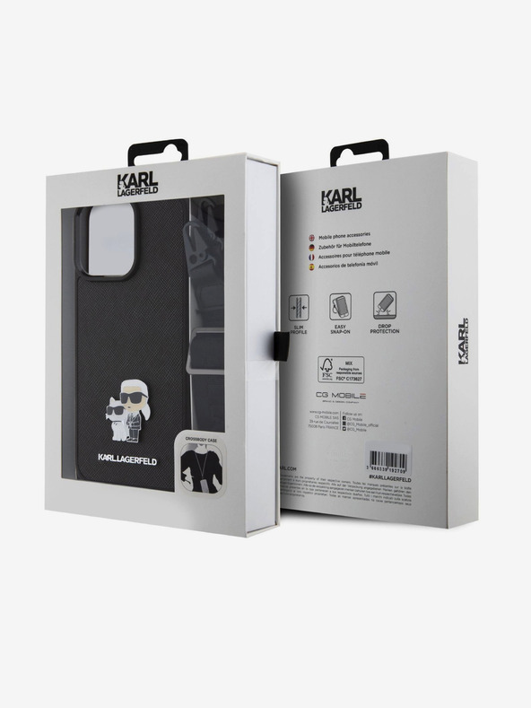 Karl Lagerfeld Saffiano keresztszíj fém Karl és Choupette hátsó borító iPhone 15 Pro Max fekete Karl Lagerfeld fekete Karl Lagerfeld Pro 15 Pro Maxhoz