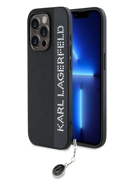 Karl Lagerfeld Karl Lagerfeld PU szaffianó strasszos bájos hátlapi borító iPhone 15 Pro Max készülékhez Fekete