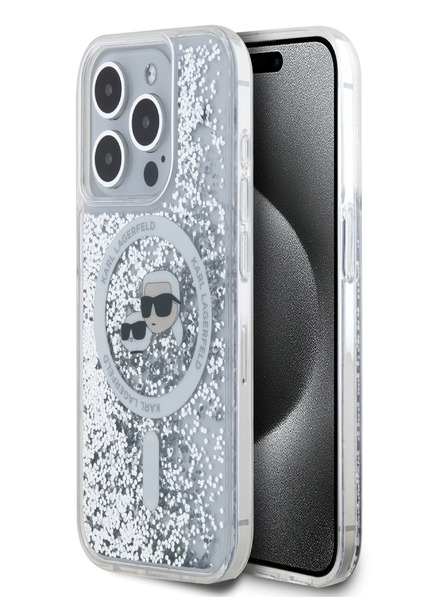Karl Lagerfeld Karl Lagerfeld Liquid Glitter Karl and Choupette Heads MagSafe hátlapi borító iPhone 15 Pro Max-hoz Átlátszó