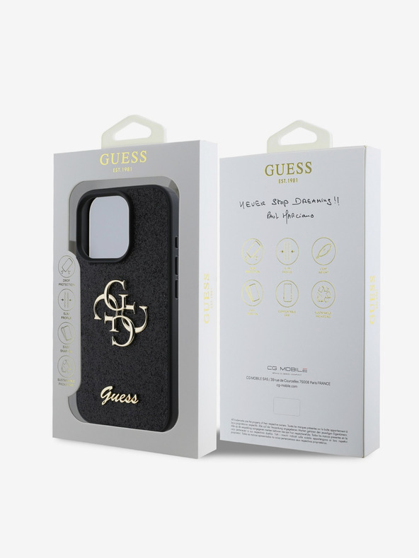 Guess Guess PU fix csillogó 4G fém logós hátlap iPhone 16 Pro Max fekete iPhone 16 Pro Maxhoz