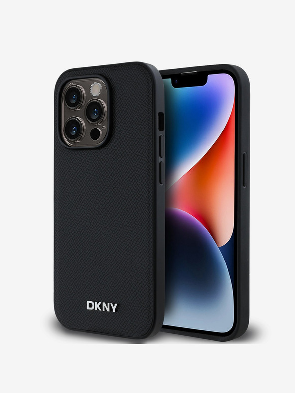 DKNY PU bőr ezüst fém logós Magsafe hátlap iPhone 14 Pro Max-hoz Fekete DKNY