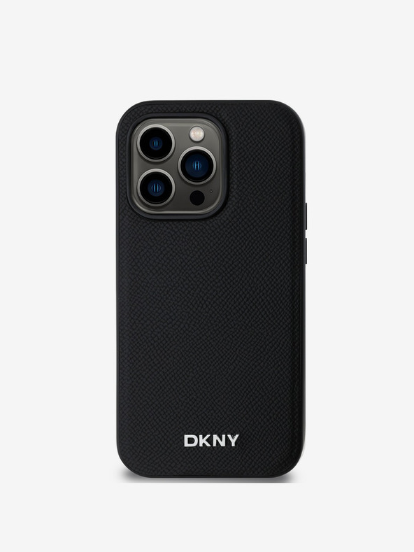 DKNY PU bőr ezüst fém logós Magsafe hátlap iPhone 14 Pro Max-hoz Fekete DKNY