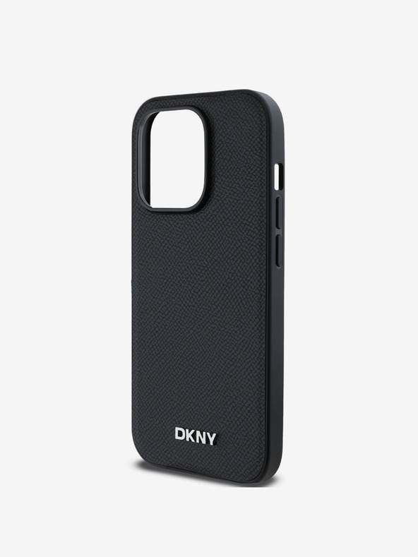 DKNY PU bőr ezüst fém logós Magsafe hátlap iPhone 14 Pro Max-hoz Fekete DKNY