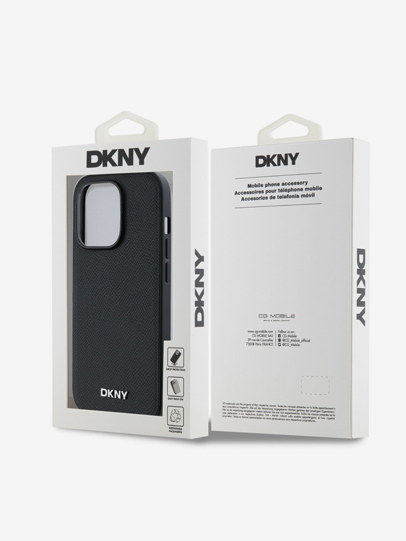 DKNY PU bőr ezüst fém logós Magsafe hátlap iPhone 14 Pro Max-hoz Fekete DKNY