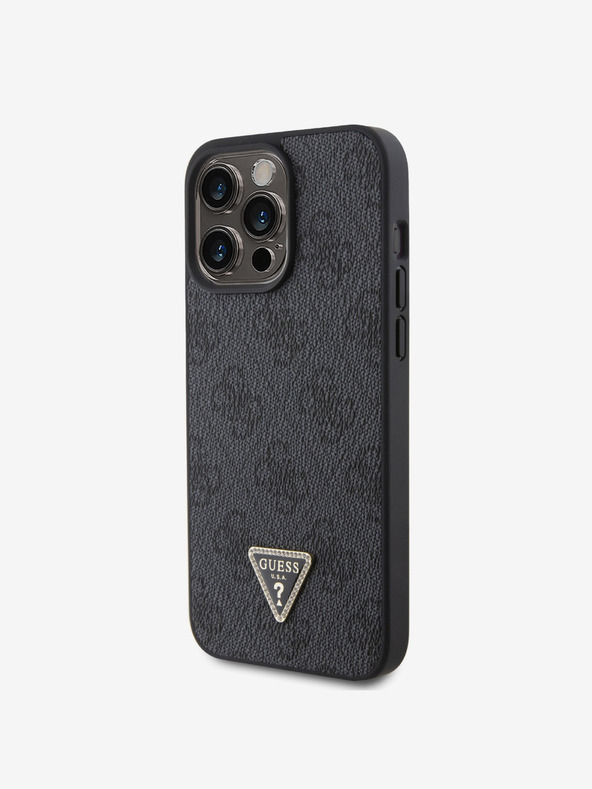 Guess PU 4G Strass Triangle Metal Logo Zadní Kryt pro iPhone 15 Pro Max Black Telefontok