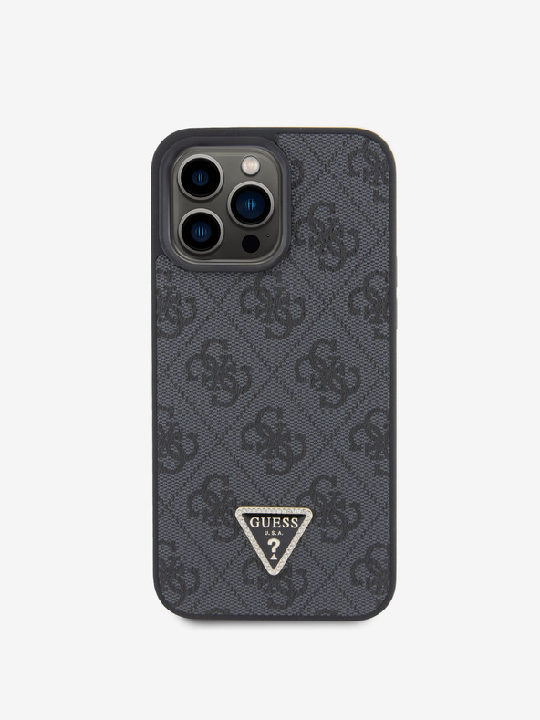 Guess PU 4G Strass Triangle Metal Logo Zadní Kryt pro iPhone 15 Pro Max Black Telefontok