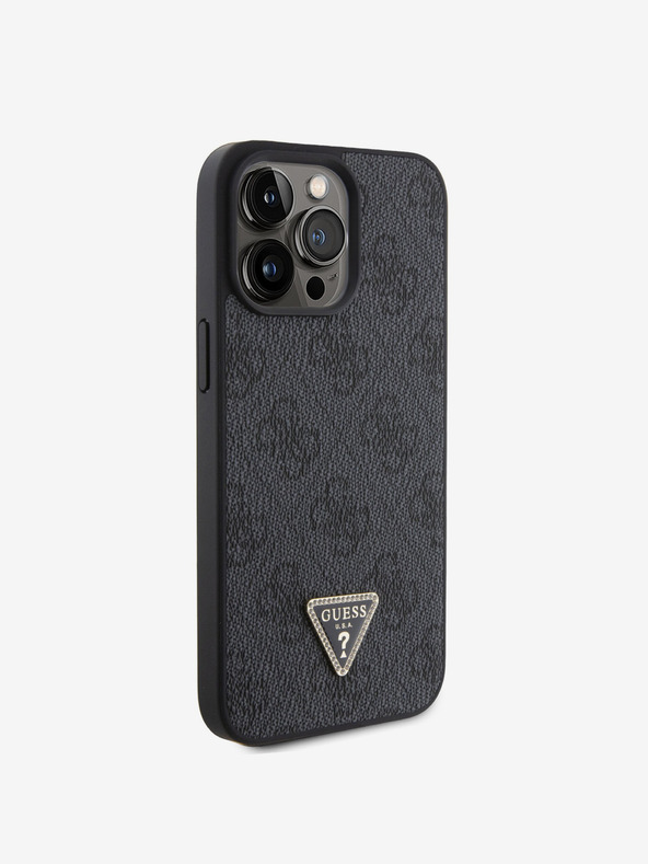 Guess PU 4G Strass Triangle Metal Logo Zadní Kryt pro iPhone 15 Pro Max Black Telefontok