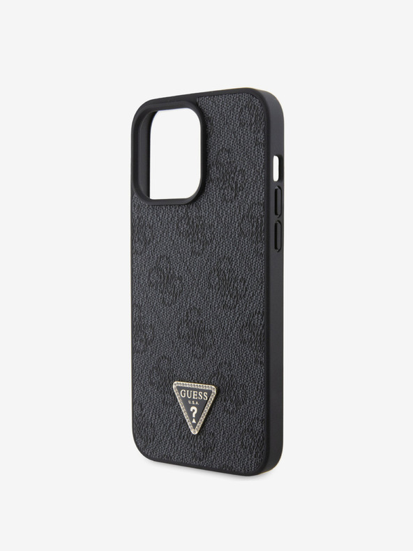 Guess PU 4G Strass Triangle Metal Logo Zadní Kryt pro iPhone 15 Pro Max Black Telefontok