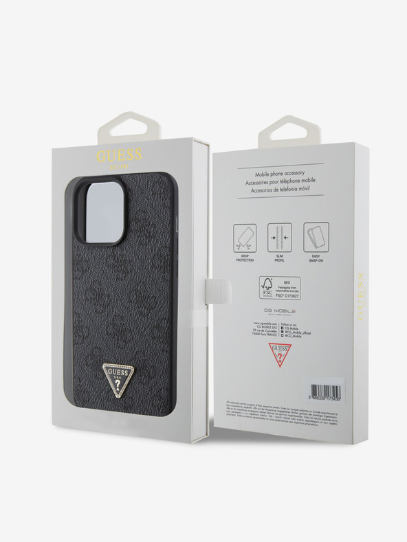 Guess PU 4G Strass Triangle Metal Logo Zadní Kryt pro iPhone 15 Pro Max Black Telefontok