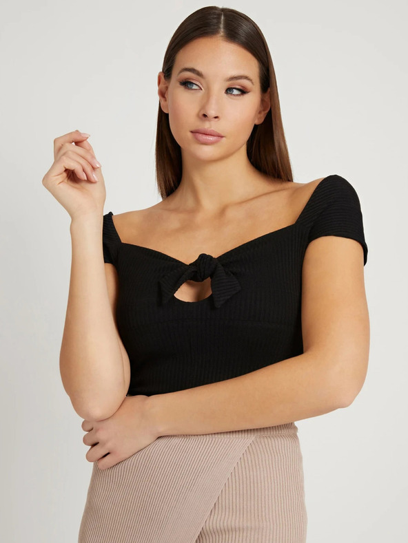 Guess Fekete női bordázott, csavart póló masnival Guess Valeriana