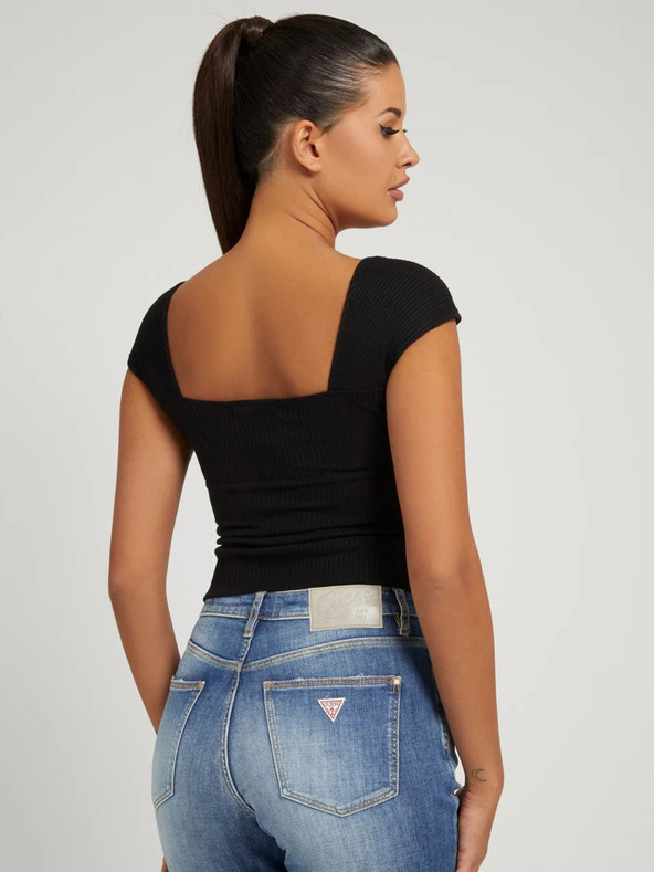 Guess Fekete női bordázott, csavart póló masnival Guess Valeriana