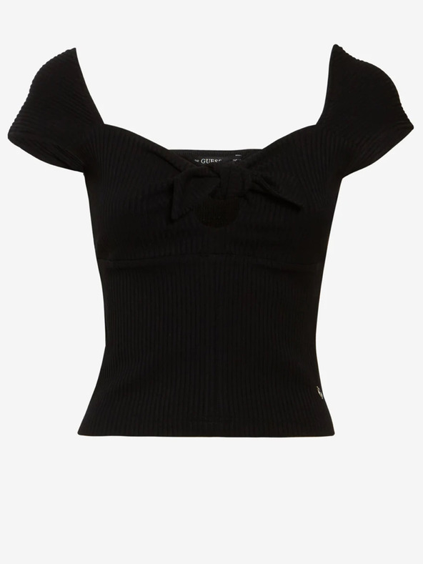 Guess Fekete női bordázott, csavart póló masnival Guess Valeriana