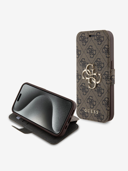 Guess Guess PU bőr 4G fém logós könyv tok iPhone 15 Pro Max-hoz Barna