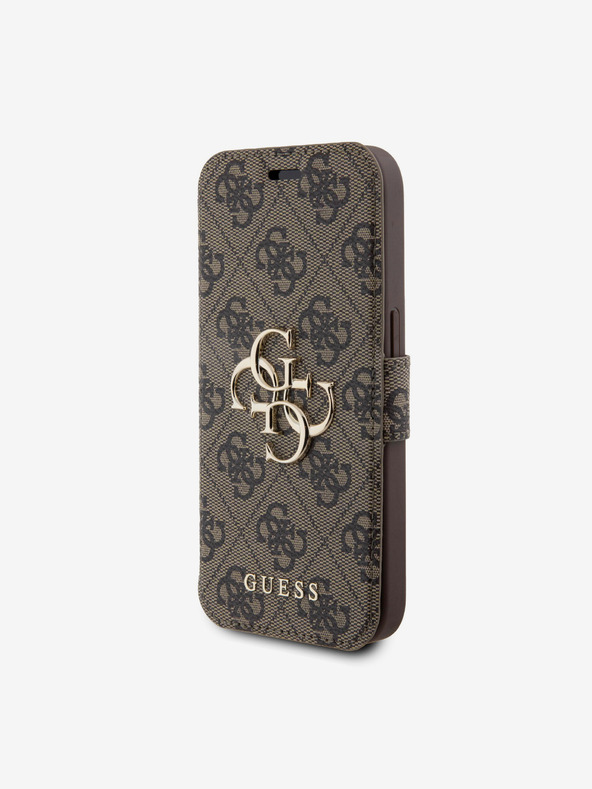 Guess Guess PU bőr 4G fém logós könyv tok iPhone 15 Pro Max-hoz Barna
