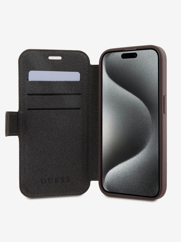 Guess Guess PU bőr 4G fém logós könyv tok iPhone 15 Pro Max-hoz Barna