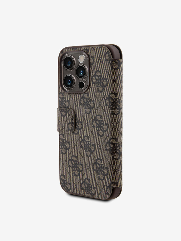 Guess Guess PU bőr 4G fém logós könyv tok iPhone 15 Pro Max-hoz Barna