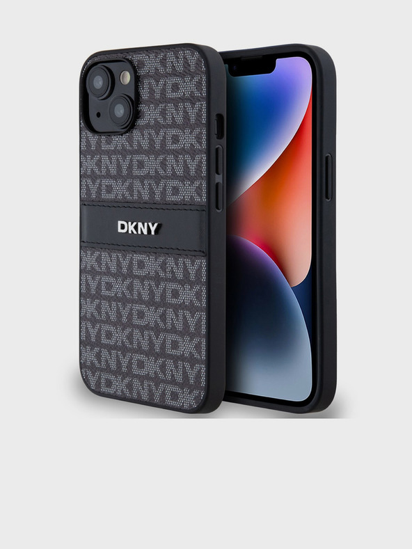 DKNY PU bőr ismétlődő mintás, tónusos csíkos hátlap iPhone 14-hez Fekete DKNY