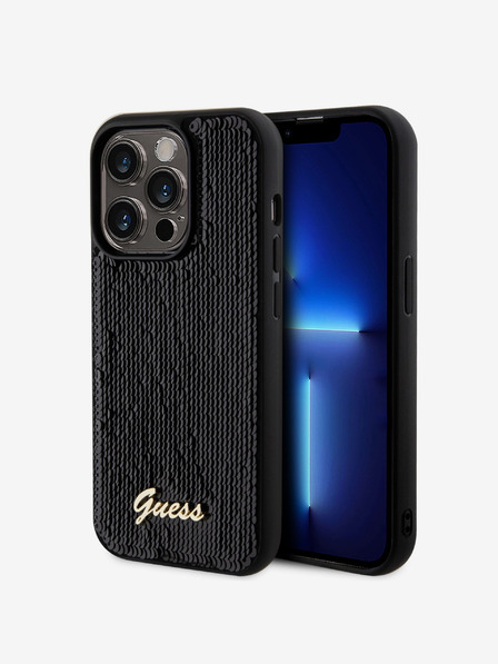 Guess Guess Sequin Script Logo hátlapi borító iPhone 14 Pro készülékhez Fekete