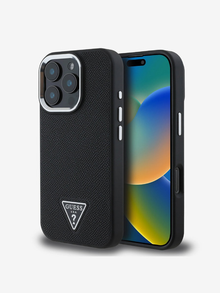 Guess Guess PU szemcsés, háromszög alakú logós hátlap iPhone 16 Pro Max fekete modellhez