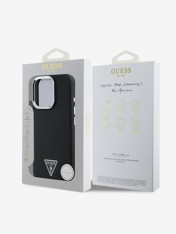 Guess Guess PU szemcsés, háromszög alakú logós hátlap iPhone 16 Pro Max fekete modellhez