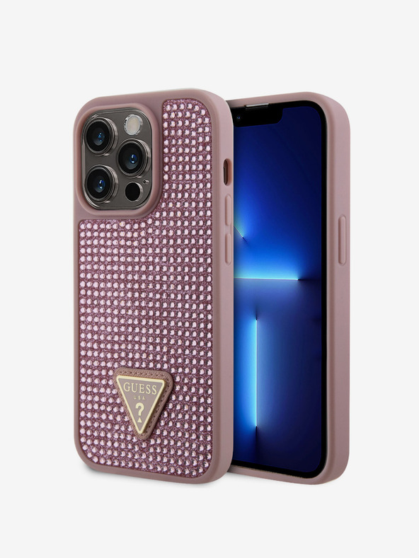 Guess Guess strasszos háromszög fém logós borító iPhone 15 Pro rózsaszínű készülékhez