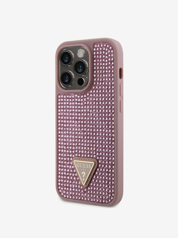 Guess Guess strasszos háromszög fém logós borító iPhone 15 Pro rózsaszínű készülékhez