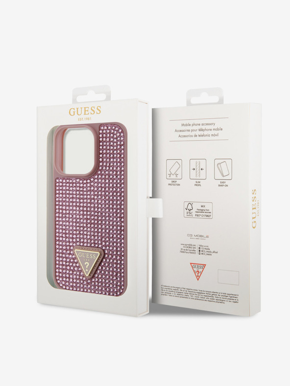 Guess Guess strasszos háromszög fém logós borító iPhone 15 Pro rózsaszínű készülékhez