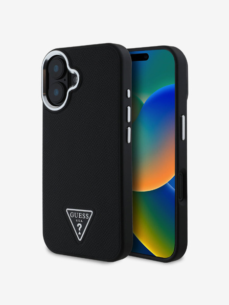 Guess Guess PU szemcsés, háromszög alakú logós hátsó borító iPhone 16-hoz Fekete