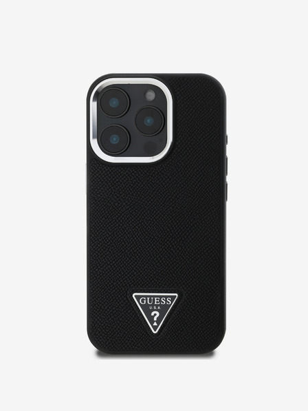 Guess Guess PU szemcsés, háromszög alakú logós hátlap iPhone 16 Pro készülékhez Fekete