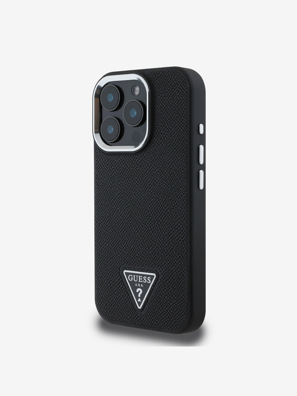Guess Guess PU szemcsés, háromszög alakú logós hátlap iPhone 16 Pro készülékhez Fekete