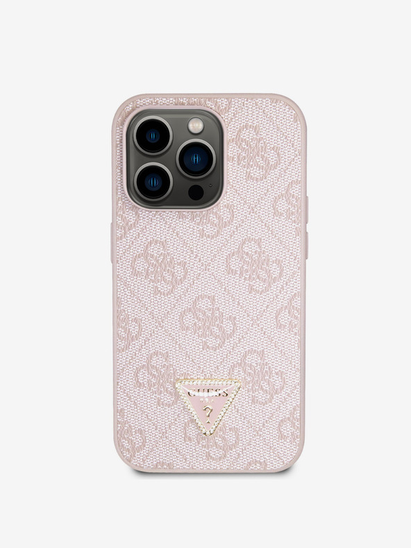 Guess PU 4G Strass Triangle Metal Logo Zadní Kryt pro iPhone 15 Pro Pink Telefontok
