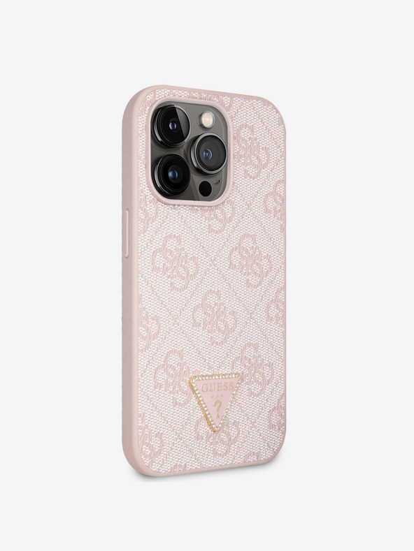 Guess PU 4G Strass Triangle Metal Logo Zadní Kryt pro iPhone 15 Pro Pink Telefontok