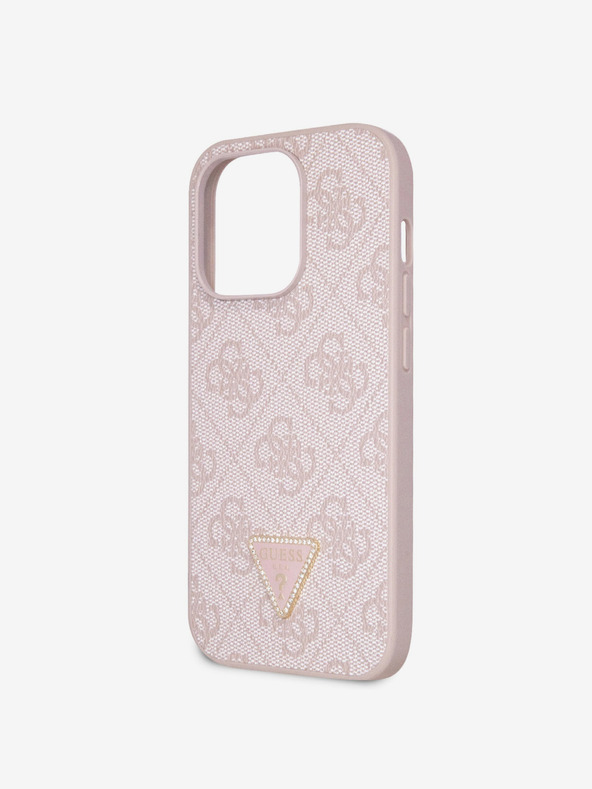 Guess PU 4G Strass Triangle Metal Logo Zadní Kryt pro iPhone 15 Pro Pink Telefontok