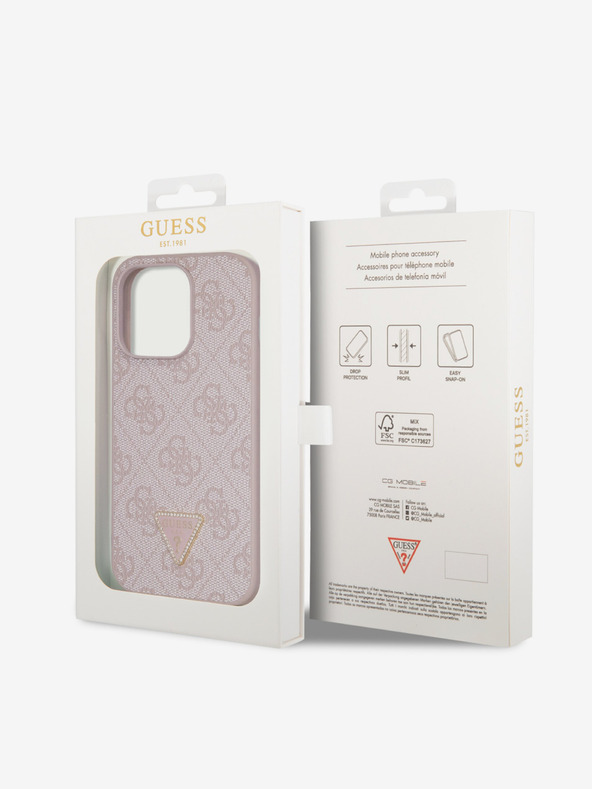 Guess PU 4G Strass Triangle Metal Logo Zadní Kryt pro iPhone 15 Pro Pink Telefontok