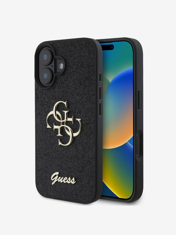 Guess Guess PU fix csillogó 4G fém logós fém hátlap iPhone 16 Plushoz Fekete