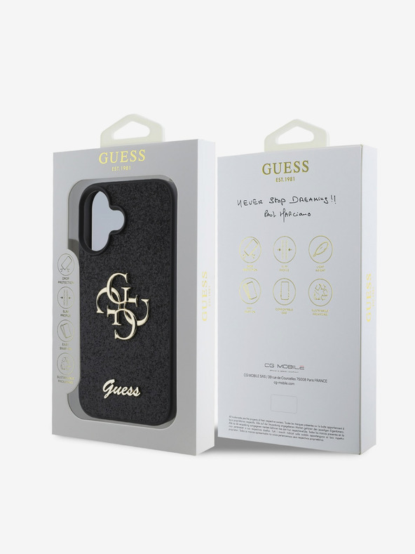 Guess Guess PU fix csillogó 4G fém logós fém hátlap iPhone 16 Plushoz Fekete