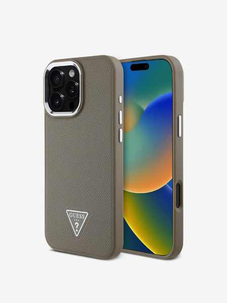 Guess Guess PU szemcsés, háromszög alakú logós hátlap iPhone 16 Pro barna színű készülékhez
