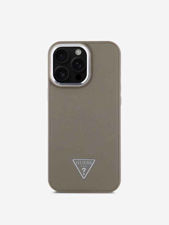 Guess Guess PU szemcsés, háromszög alakú logós hátlap iPhone 16 Pro barna színű készülékhez