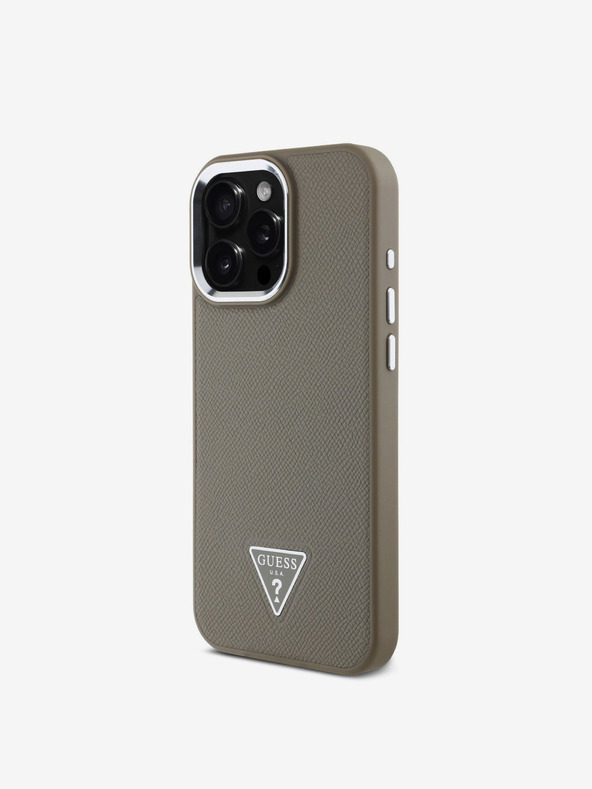 Guess Guess PU szemcsés, háromszög alakú logós hátlap iPhone 16 Pro barna színű készülékhez
